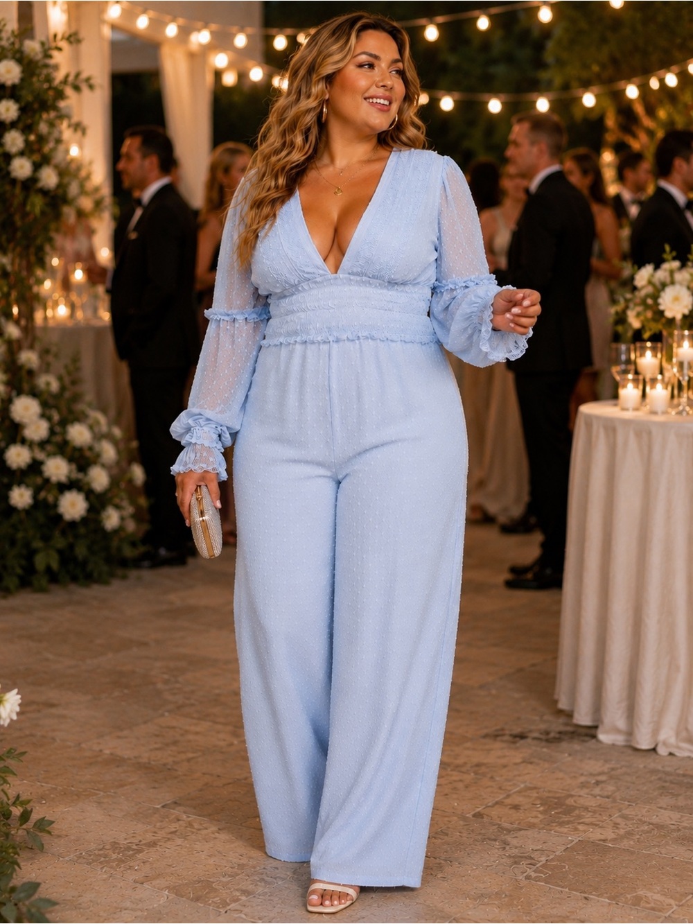 Plus Size Blue V Neck Open Back Long Sleeve Swiss Dot Wide Leg Jumpsuit